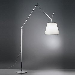 Modern Designer Style Polished Chrome Curved Stem Floor Lamp with a Gloss White Arco Style Metal Dome Light Shade